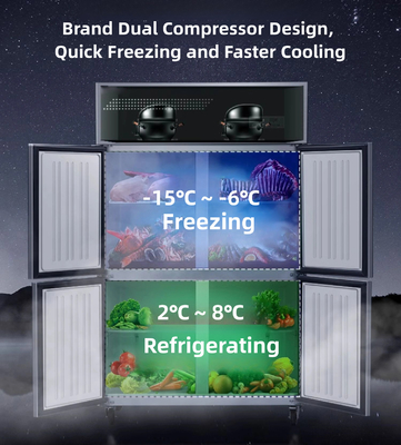 Refrigerador de acero inoxidable de cuatro puertas con control de temperatura