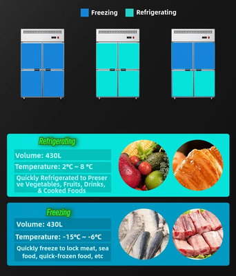 Refrigerador de acero inoxidable de cuatro puertas con control de temperatura